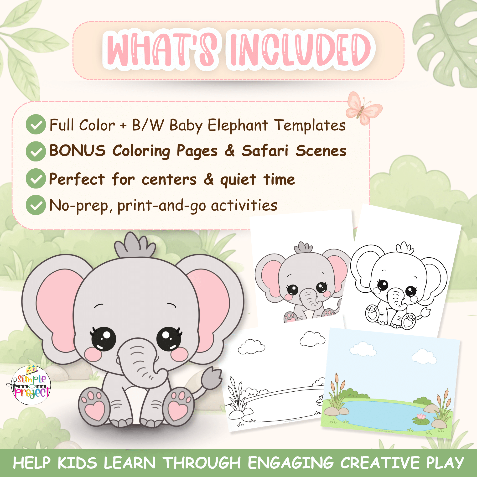 Preschool elephant craft printable featuring cut and paste activities, coloring pages, and safari learning fun.