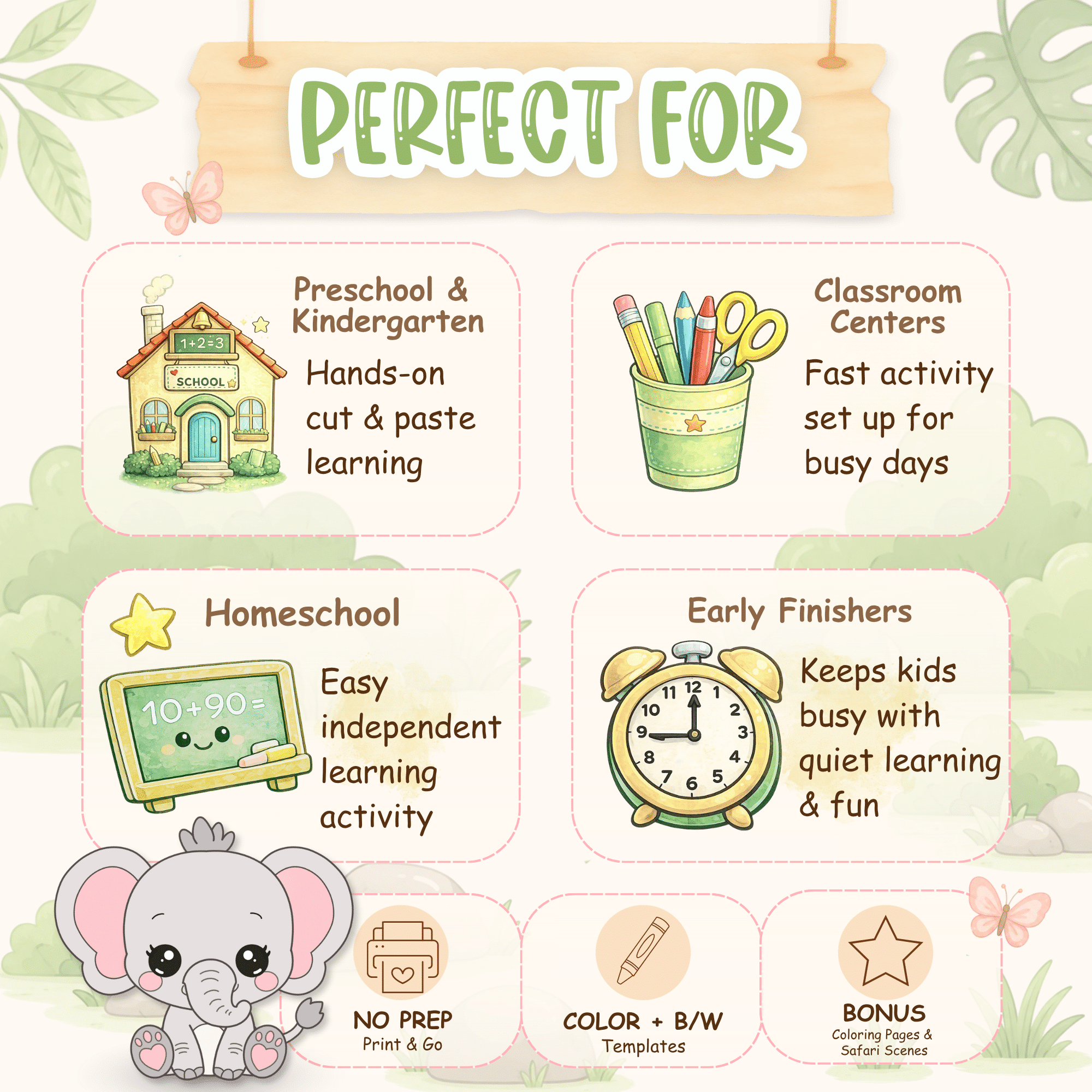 Baby elephant printable activity bundle for safari lessons, homeschool, and classroom centers.