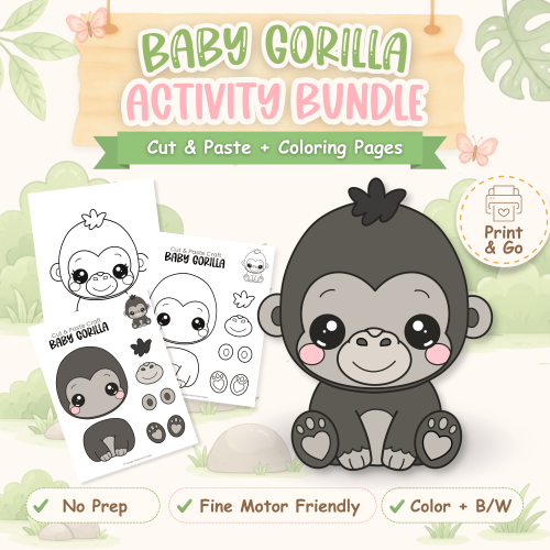 Baby gorilla cut and paste craft printable for preschool
