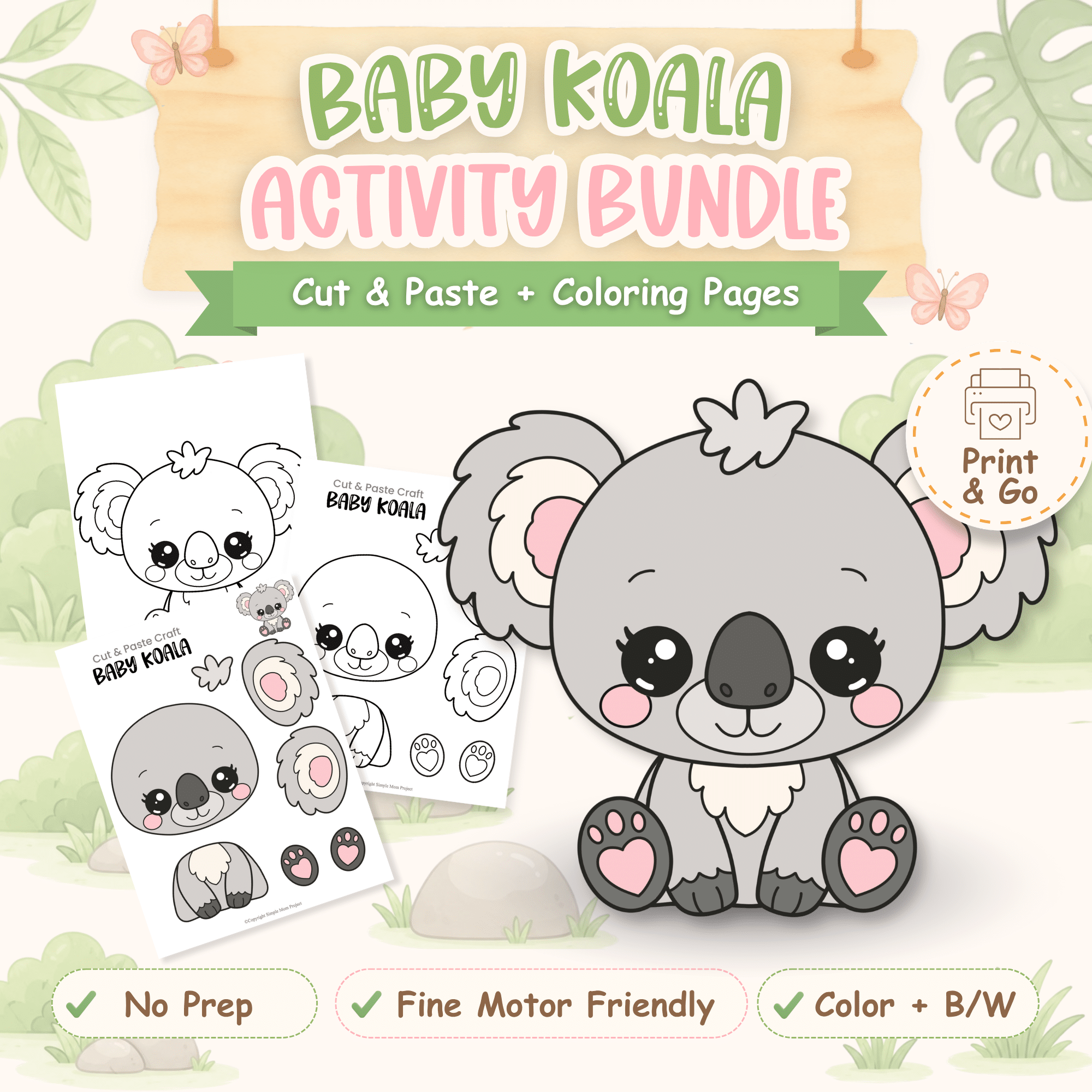 Baby koala cut and paste craft printable for preschool