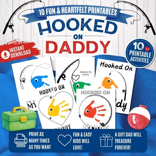Hooked on Daddy Fishing Craft Bundle | 10 Printable Handprint & Coloring Keepsake Activities for Kids