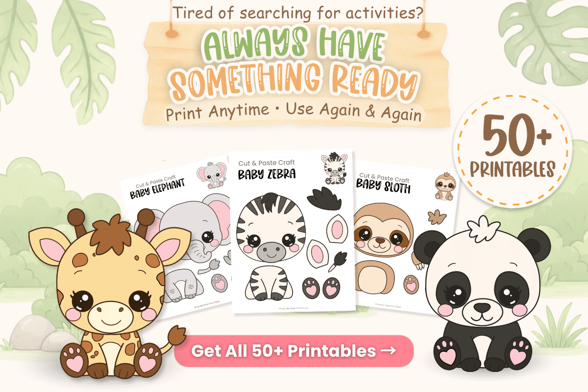 Baby Safari Activity Bundle with 50+ printable preschool animal crafts, coloring pages, and cut-and-paste activities.