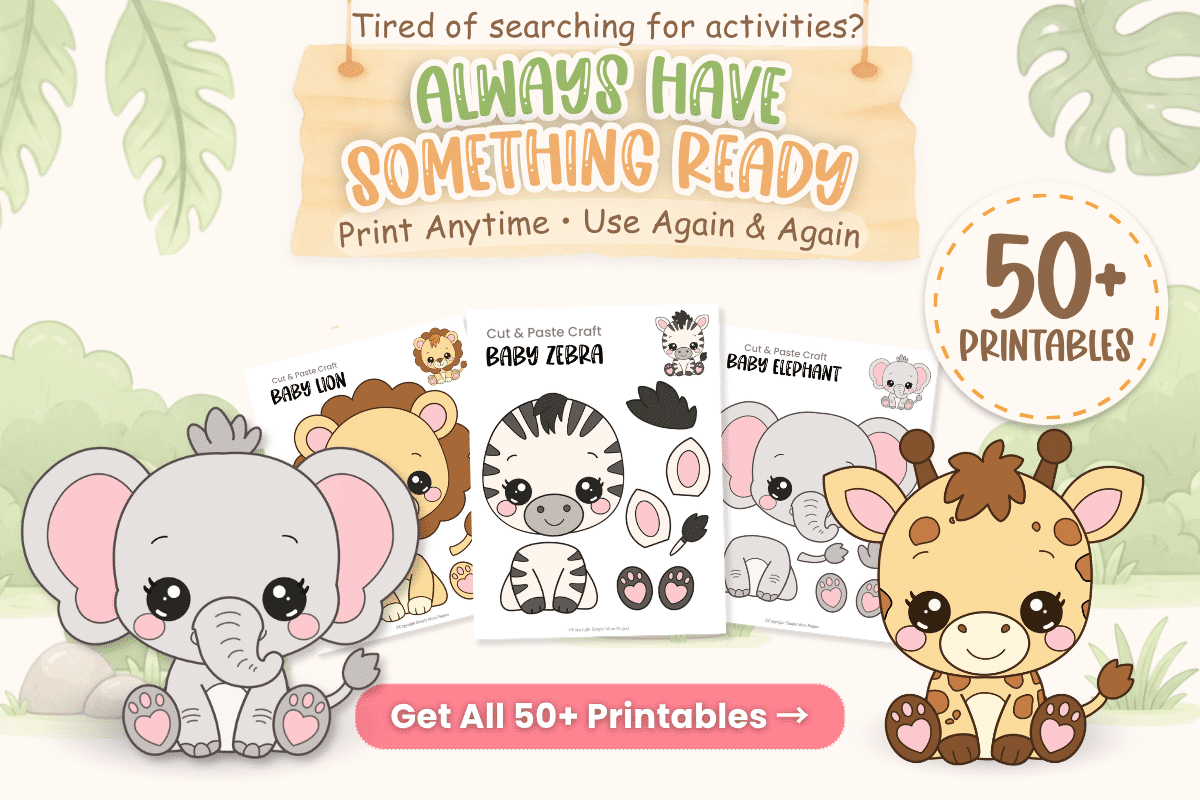 Baby Safari Activity Bundle with 50+ printable preschool animal crafts, coloring pages, and cut-and-paste activities.