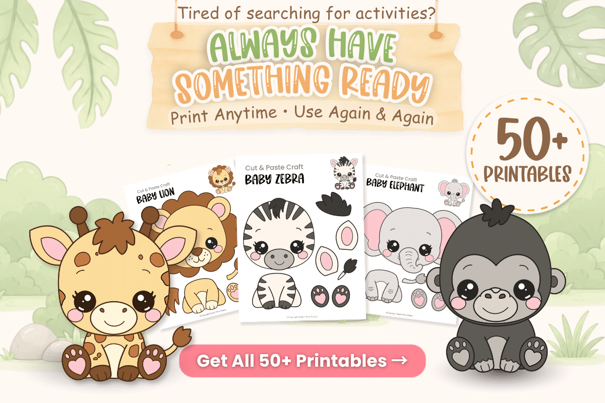Baby Safari Activity Bundle with 50+ printable preschool animal crafts, coloring pages, and cut-and-paste activities.