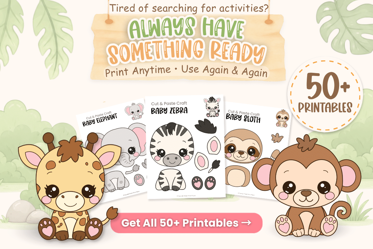 Baby Safari Activity Bundle with 50+ printable preschool animal crafts, coloring pages, and cut-and-paste activities.
