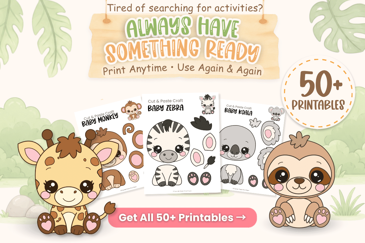 Baby Safari Activity Bundle with 50+ printable preschool animal crafts, coloring pages, and cut-and-paste activities.
