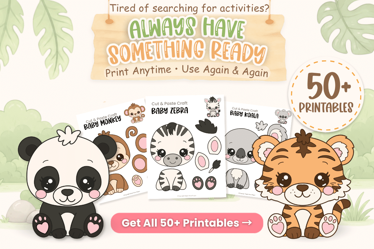 Baby Safari Activity Bundle with 50+ printable preschool animal crafts, coloring pages, and cut-and-paste activities.